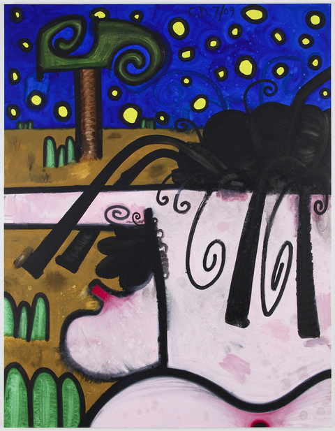 Image of a work in the exhibition featuring an abstract painting. The painting shows a blue night sky with cartoon like stars. In the background, a small tree sits on brown ground. In the foreground, an abstract figure with pale pink skin, is drawn in profile. The figure has a long nose that protrudes past the canvas, a black mustache, and curly black hair. 