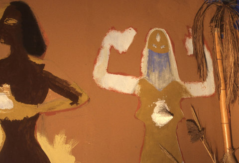 Close up image of painting featuring an abstract figure with its arms up in the air. On the left is another figure walking away from the figure on the right. The wall behind them is brown-orange.
