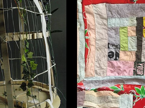 Close-up image juxtaposing a cage with a plant and a colorful quilt. The cage with the plant is on the left and the quilt is on the right. 