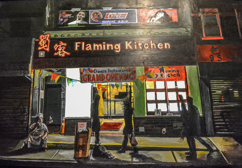 Close-up image of a painting or drawing of a street scene featuring the storefront window lit up in the evening. The store's black awning says "FLAMING KITCHEN". Several figures pace in front of the lit up windows on the pavement. A banner hangs down from the awning stating, "CHINESE RESTAURANT, GRAND OPENING". A figure sits on the stoop in front smoking a cigarette in chef's garb. 